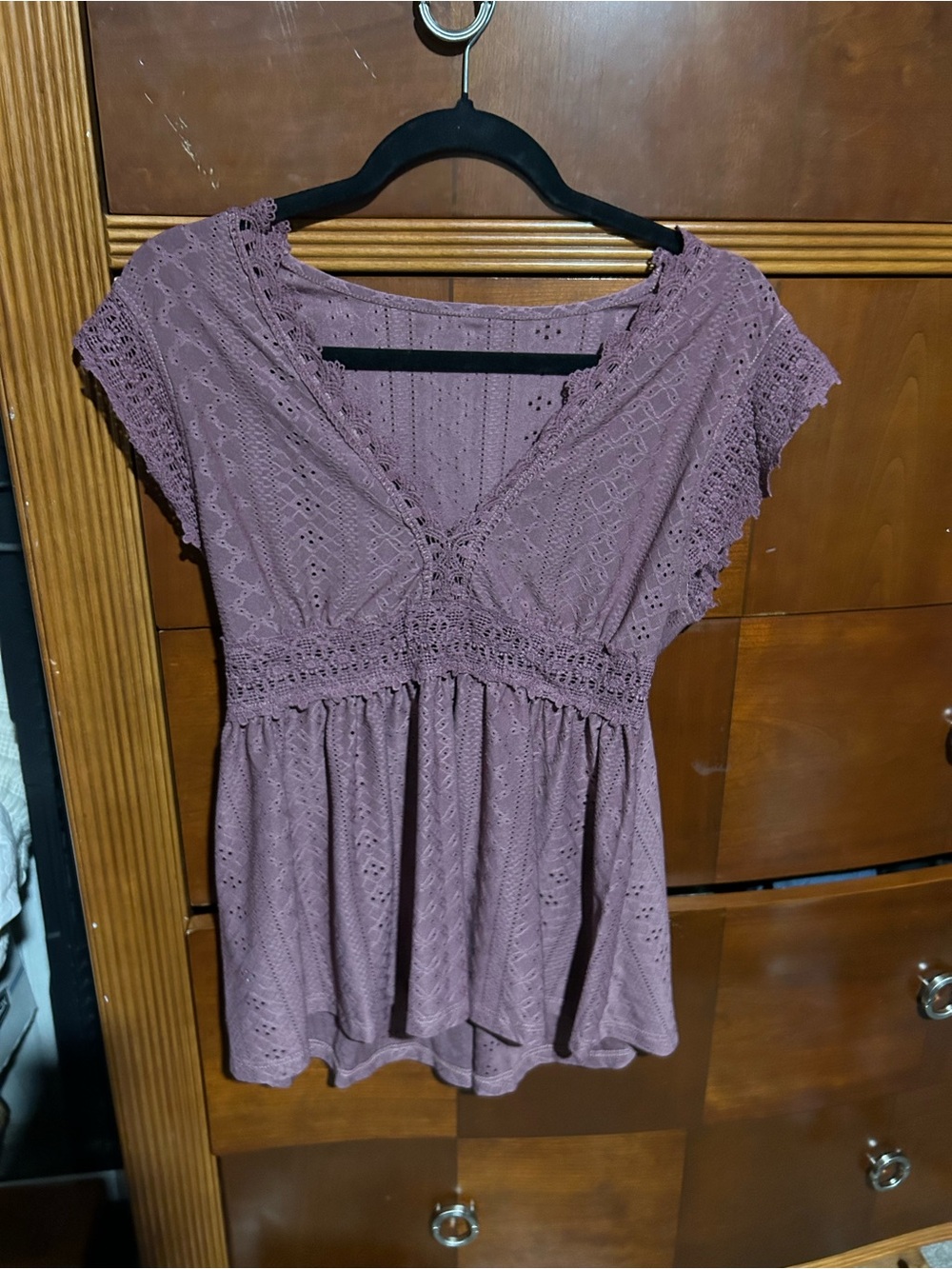 Lace Trim V-Neck Peplum Top - Dusty Mauve